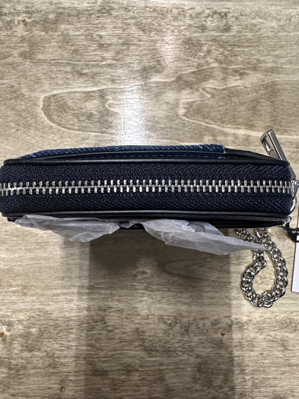 Coach Navy Quilted Denim Card Holder with Chain - Picture 3 of 4